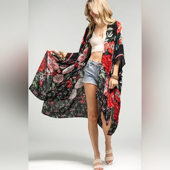 Vibrant Red Floral Print Kimono w Deep Black Background - Lightweight Fabric - Picture 7 of 8